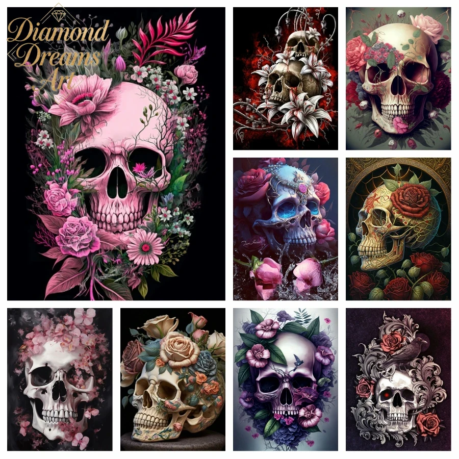 Resin Art Rose - Lukisan Berlian Tengkorak Halloween Tanpa Bingkai,